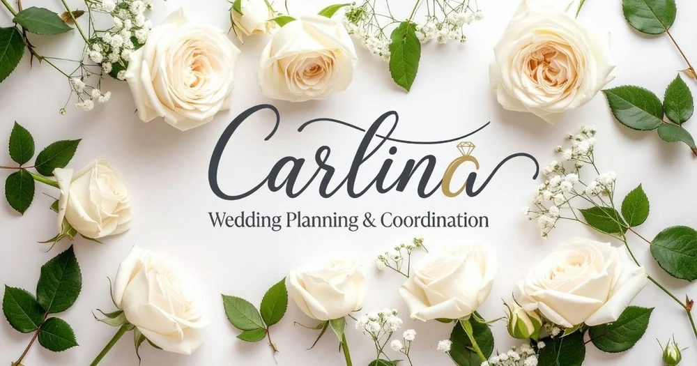 Carlina Wedding Planning and Coordination identity surrounded by white roses